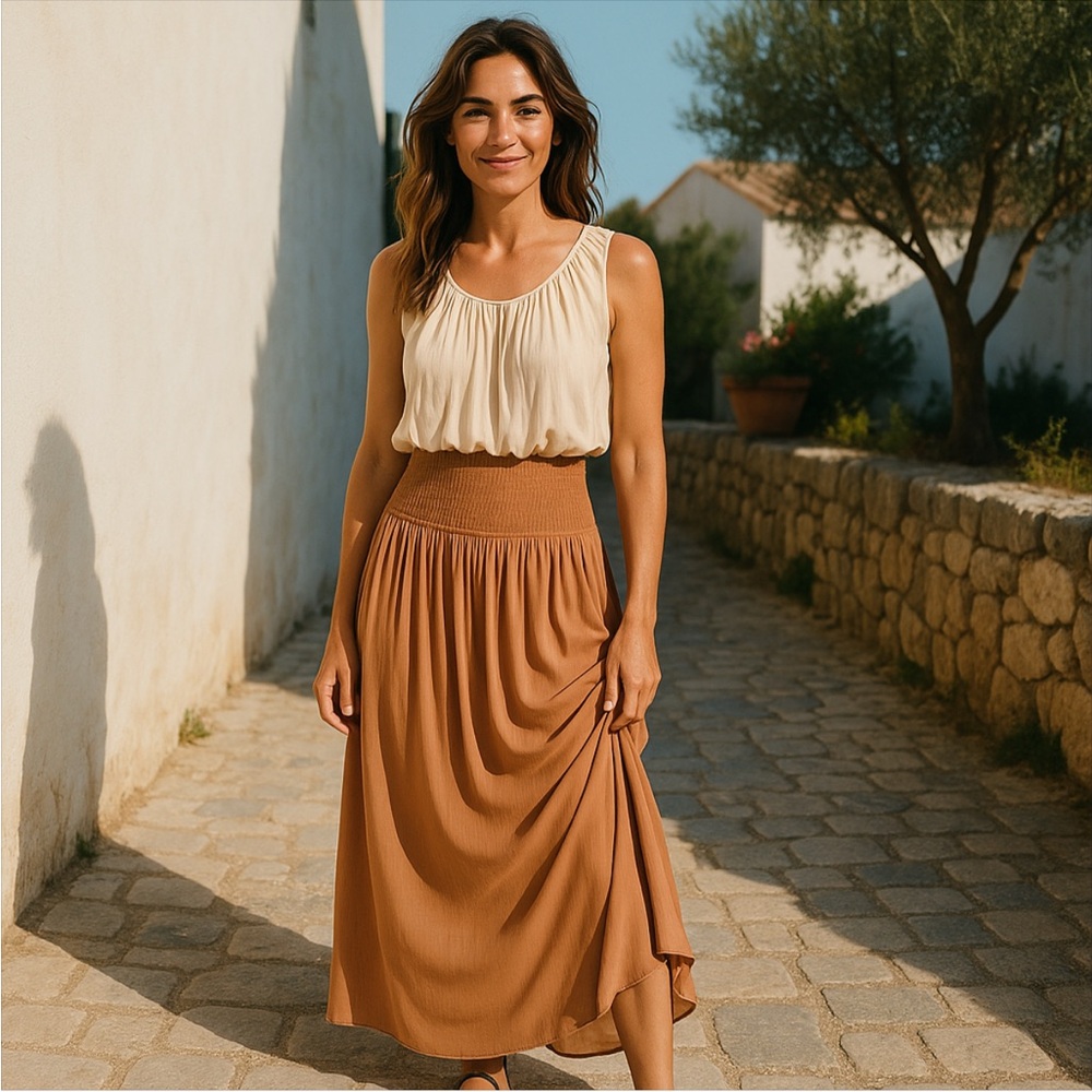 Anthropologie Two-Tone Pleated Maxi Skirt Dress in Beige and Camel - Picture 2 of 12